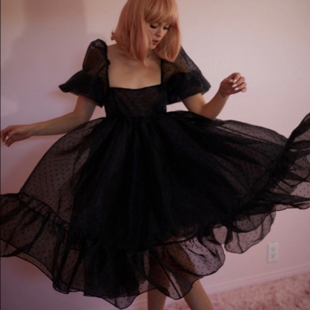 Selkie Black Polka-Dot Puff-Sleeve Midi Dress